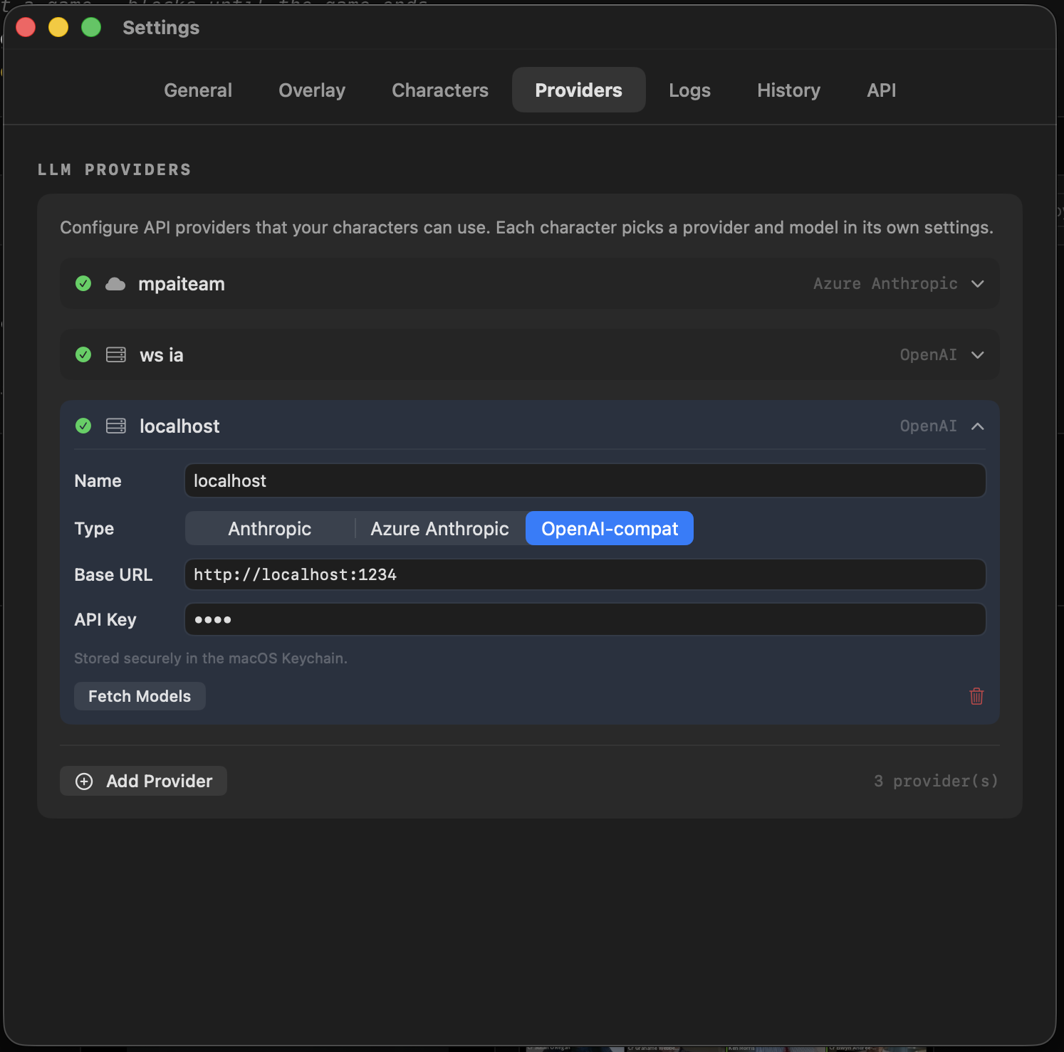 Aki provider settings showing Anthropic, Azure, OpenAI-compatible, and local providers