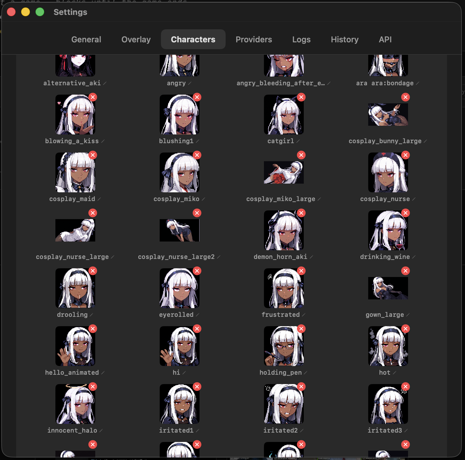 A grid of Aki pixel-art expressions and moods